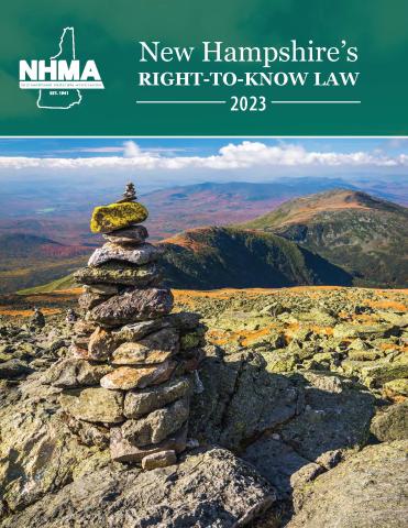 photo of rock cairn in the white mountains, green header with white lettering "New Hampshire's Right-to-Know Law 2023"