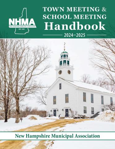 Photo of a Town Hall in winter, green banner with white letters reading Town Meeting & School Meeting Handbook 2024-2025