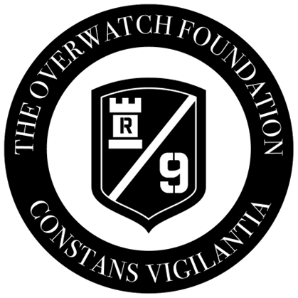 Overwatch foundation logo, black circle and shield on white background