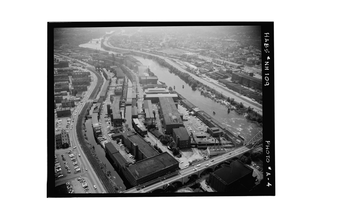 View from the northeast looking toward the Stark No. 3 Mill (bottom center) - Amoskeag Millyard, Canal Street, Manchester, Source: Library of Congress