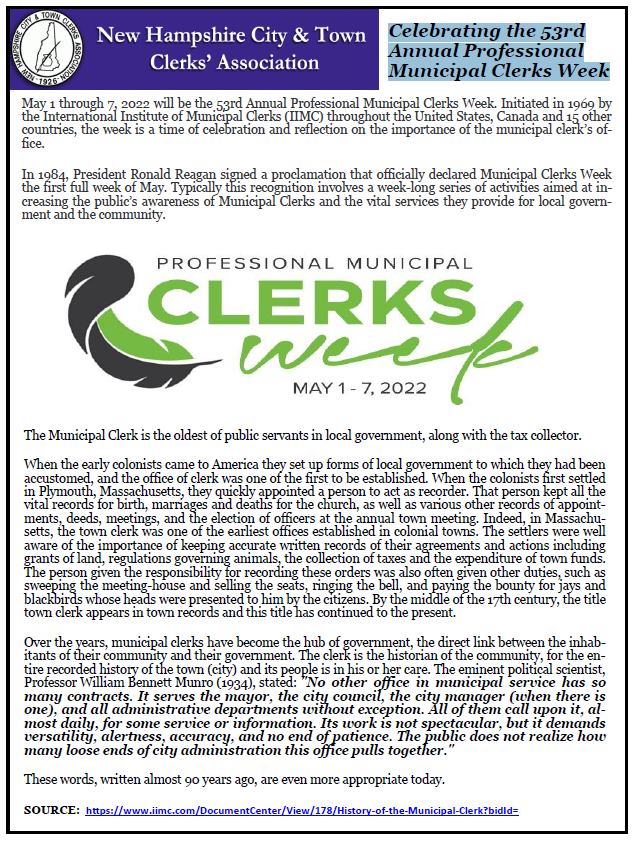 Celebrating the 53rd Annual Professional Municipal Clerks Week New
